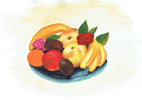 dessin d'une corbeille de fruits à l'aquarelle