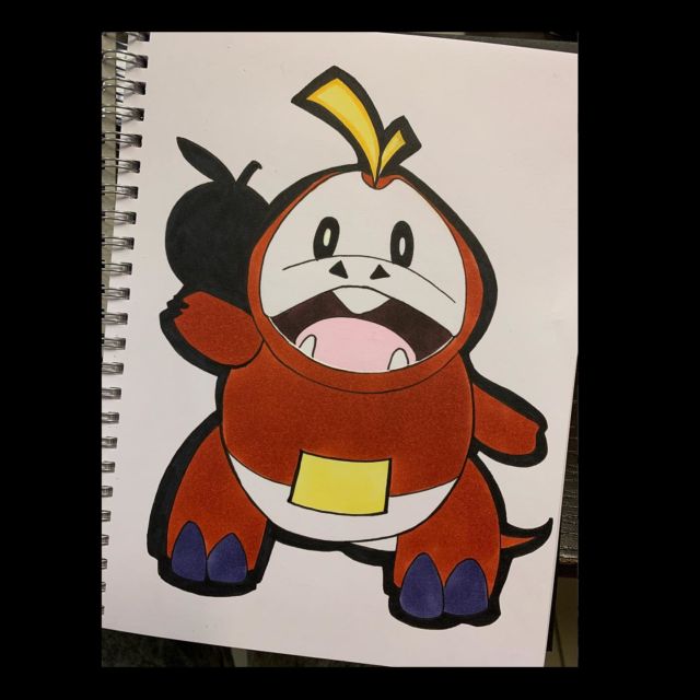 Fanart de #chochodile le starter feu du dernier jeu #pokemon. 
J’ai rattrapé une erreur d’encrage avec une pirouette stylée 🫣😜 La vidéo du processus est dispo sur ma chaîne YT. 
#pokemonviolet #pokemonecarlate #pokemonscarlet #pokemonscarletandvioletfanart #pokémonscarletandviolet #fuecoco #fuecocofanart #fuecocoart #copicmarkerdrawing